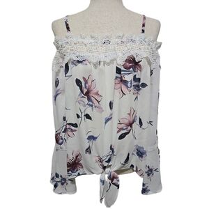 Floral Boho Blouse Off Shoulder With Spaghetti Straps White Mauve Blue Medium